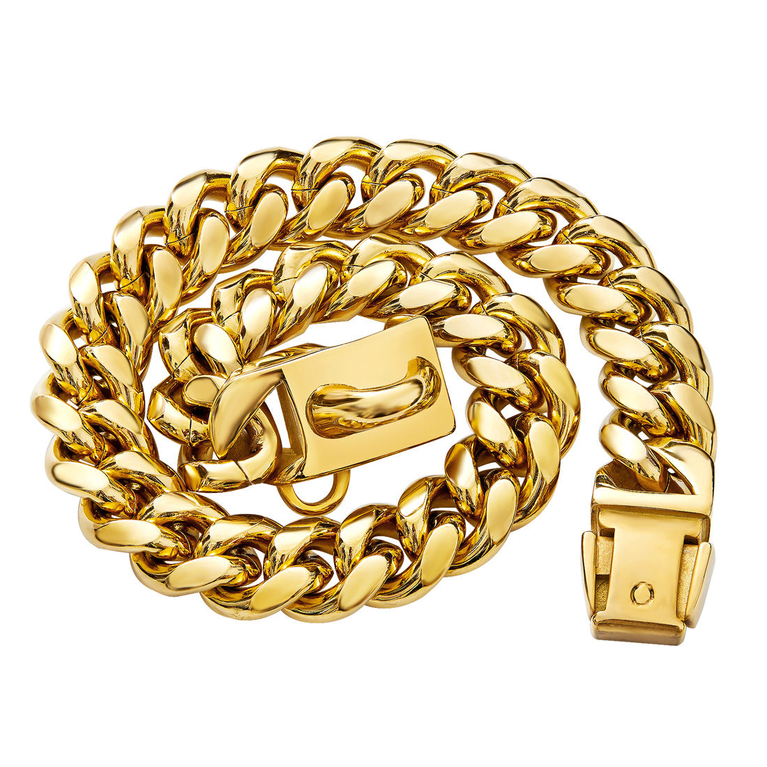 KFX-4868157 14mm Stainless Steel Cuban Chain Dog Collar with Lock Buckle in Gold and Silver