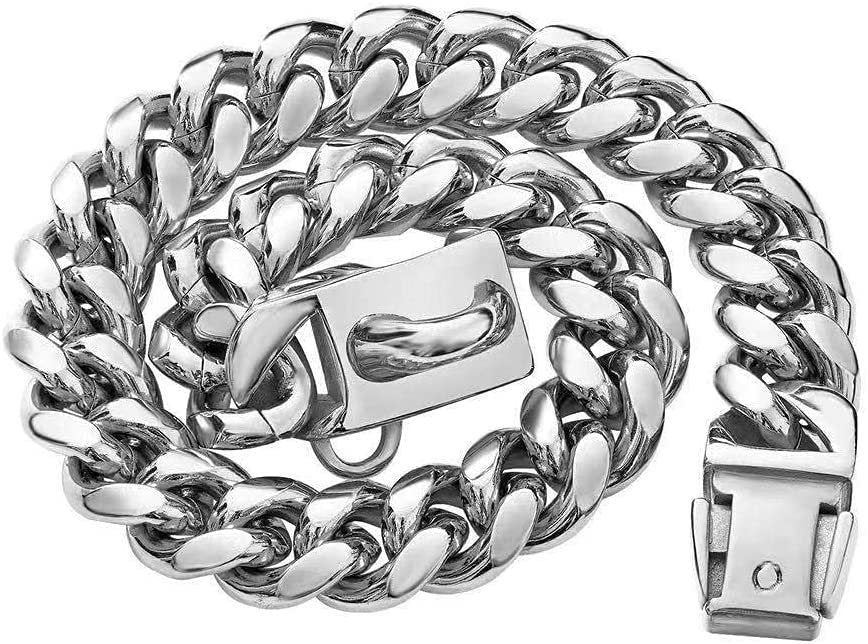 KFX-4868157 14mm Stainless Steel Cuban Chain Dog Collar with Lock Buckle in Gold and Silver