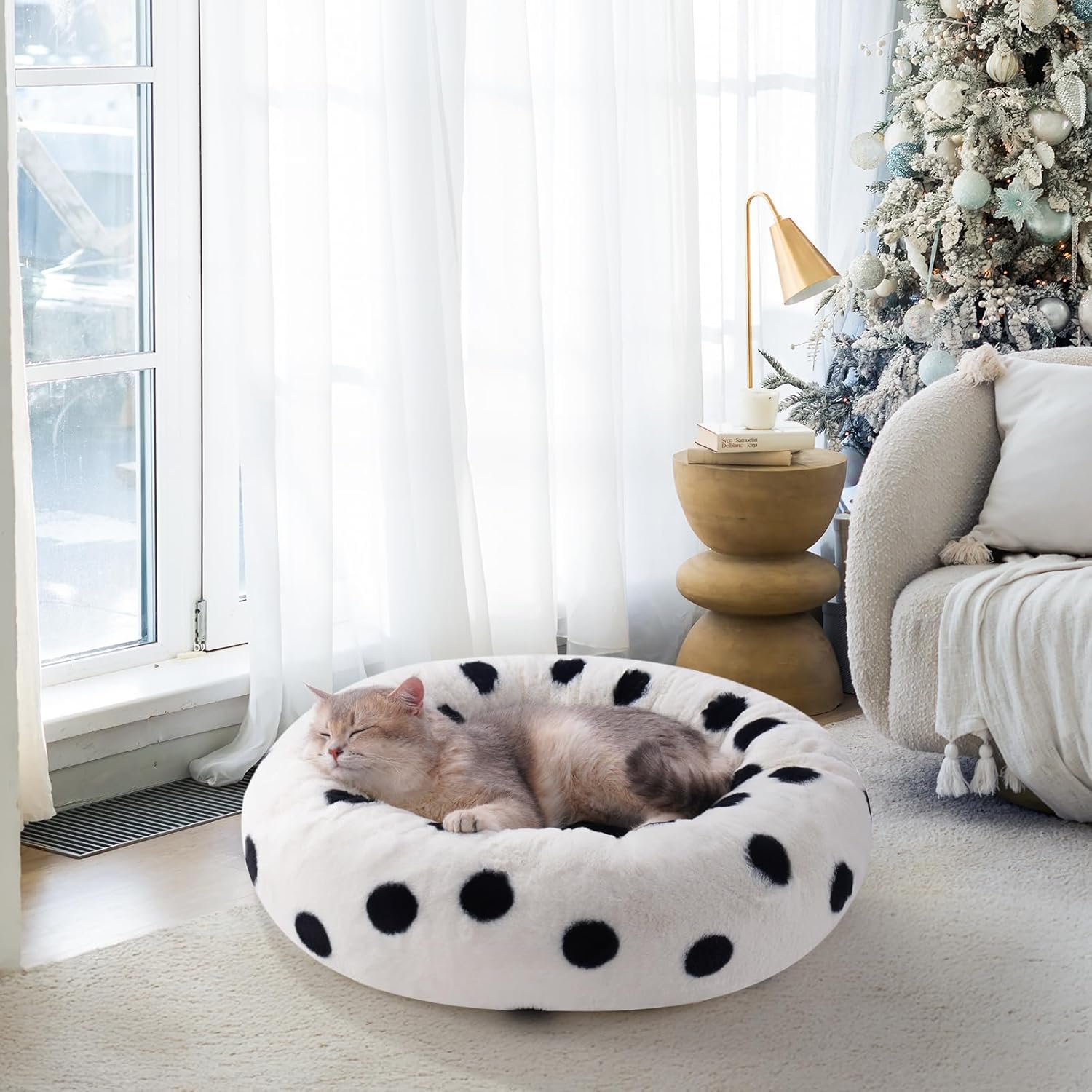 KFX-4870589 Cozy 23 Inch Round Donut Cat Bed with Non-Slip Bottom, Washable Plush Pet Bed for Small Dogs and Cats