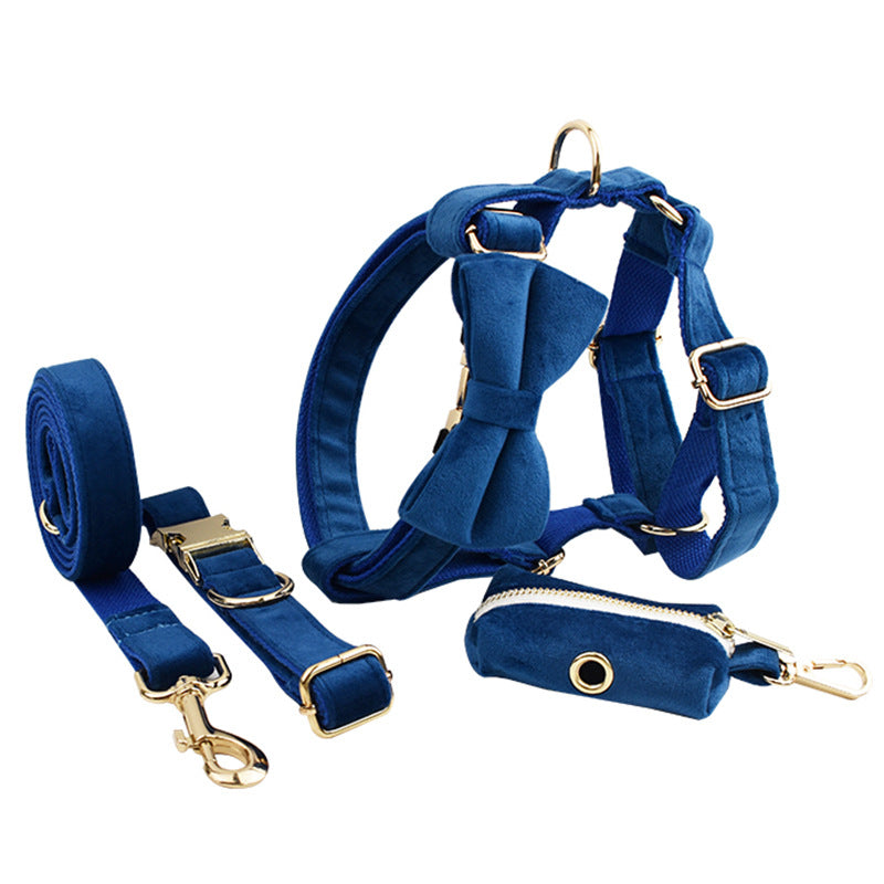 KFX-4871229 Stylish Velvet Pet Collar and Traction Rope Set with Bow and Flower Accessories