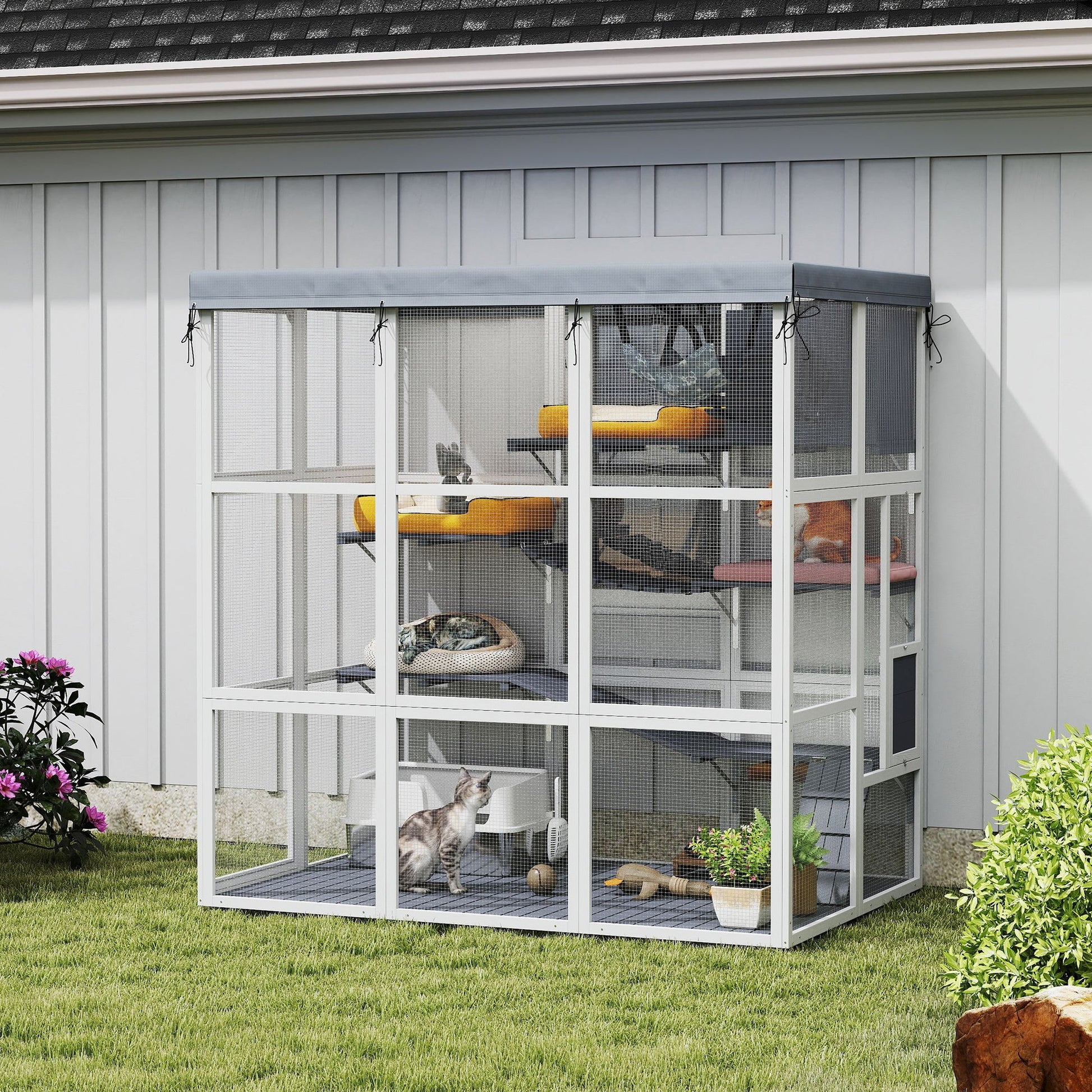 KFX-4871997 Spacious Outdoor Catio Enclosure for Cats with Hammock and Play Platforms
