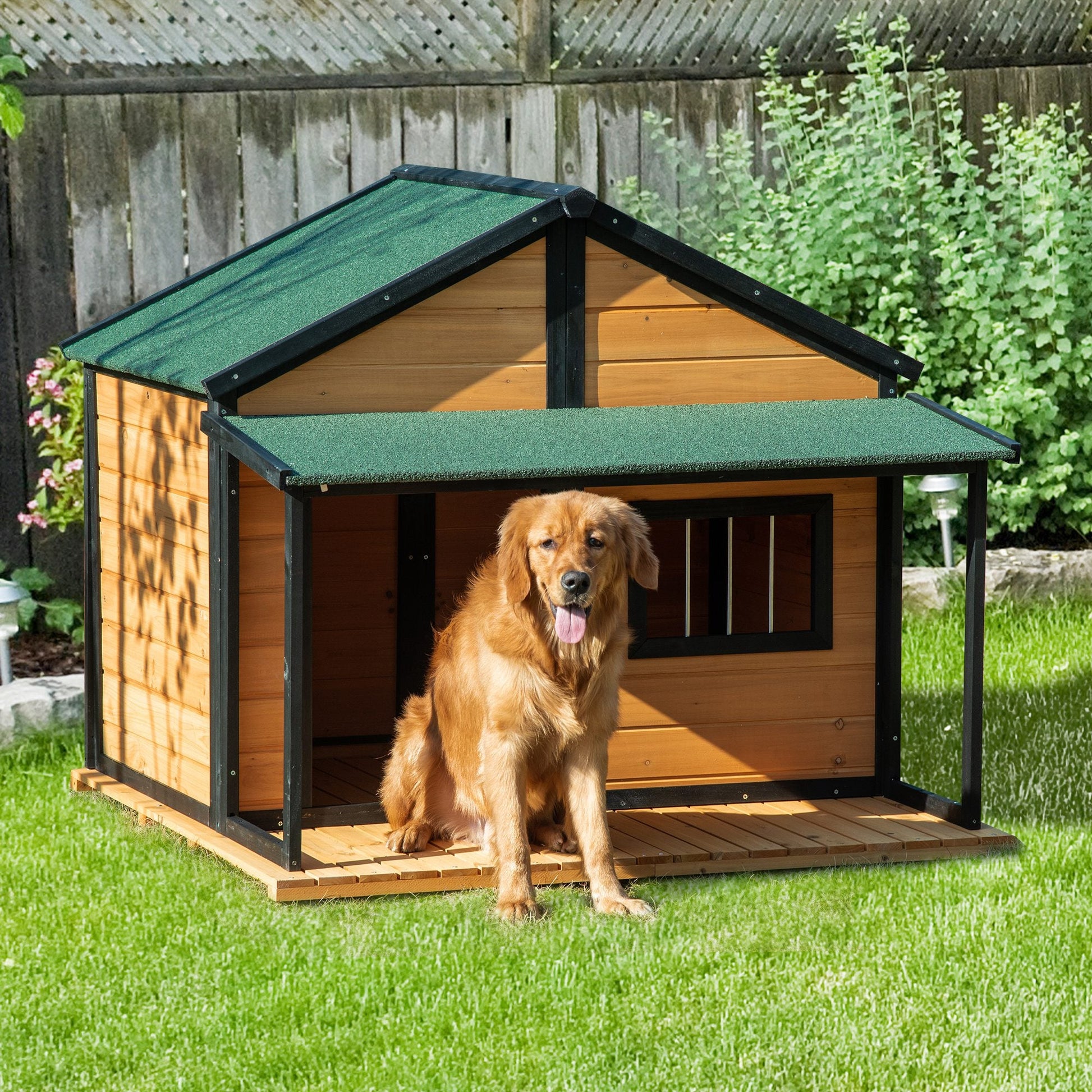 KFX-4875581 Wooden Raised Dog House with Porch, Asphalt Roof, Front Door & Side Window for Medium to Large Dogs
