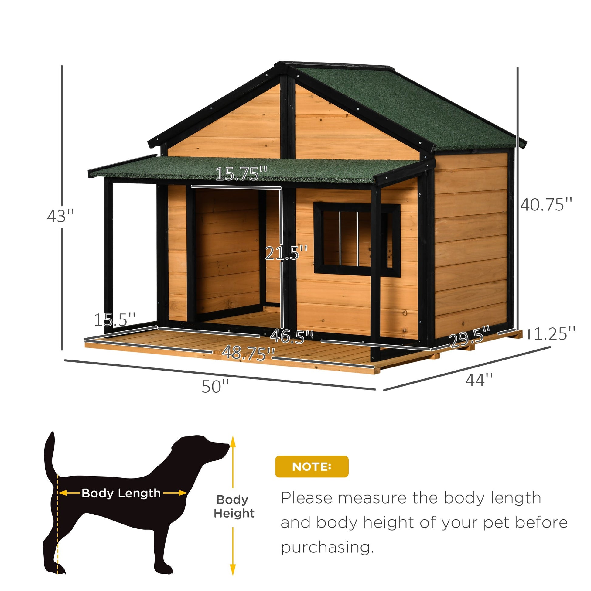 KFX-4875581 Wooden Raised Dog House with Porch, Asphalt Roof, Front Door & Side Window for Medium to Large Dogs
