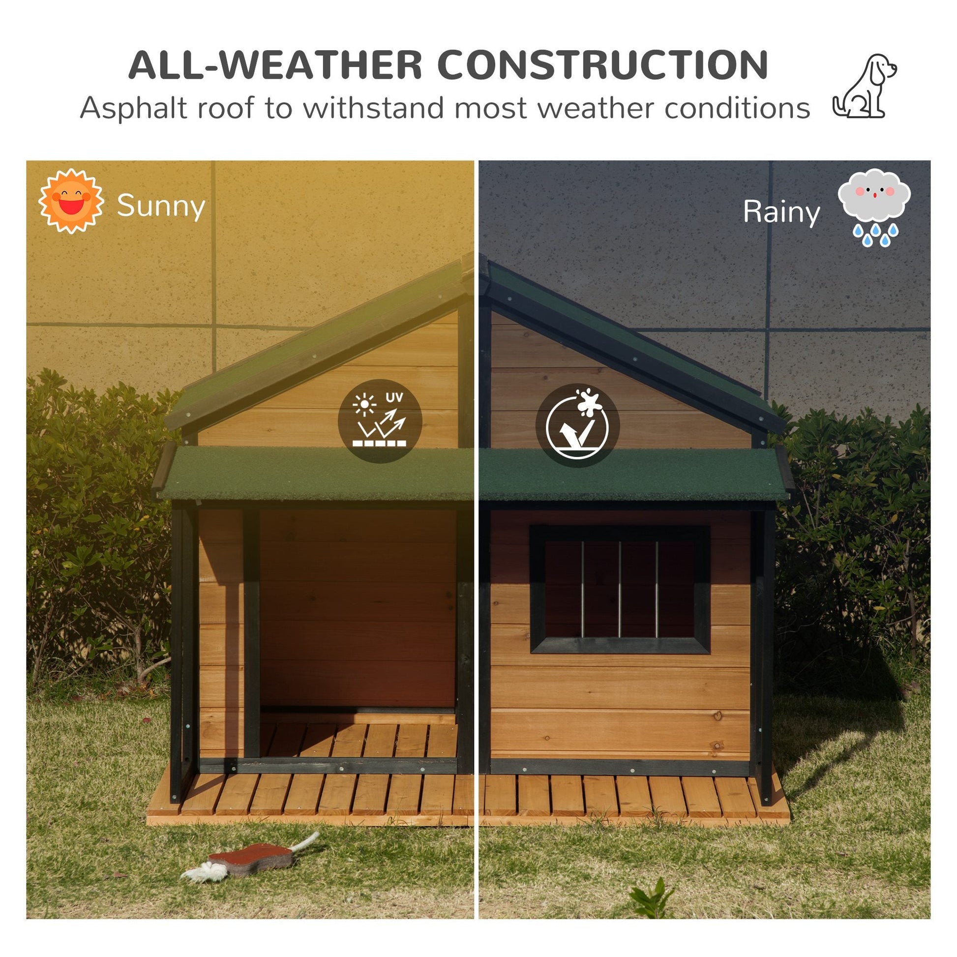 KFX-4875581 Wooden Raised Dog House with Porch, Asphalt Roof, Front Door & Side Window for Medium to Large Dogs