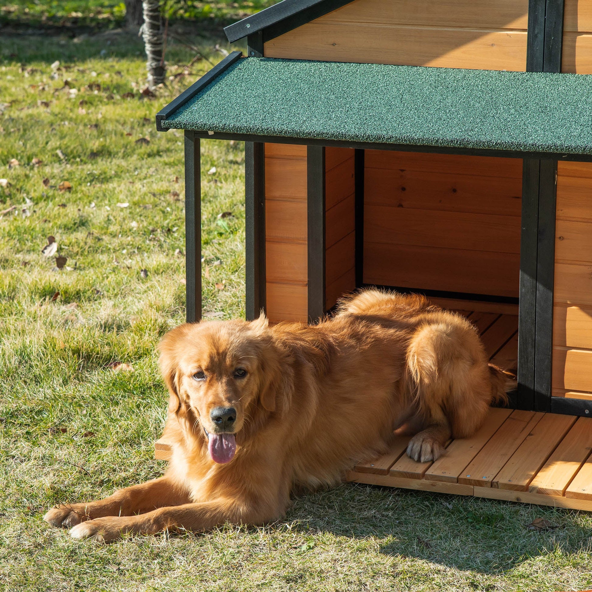 KFX-4875581 Wooden Raised Dog House with Porch, Asphalt Roof, Front Door & Side Window for Medium to Large Dogs