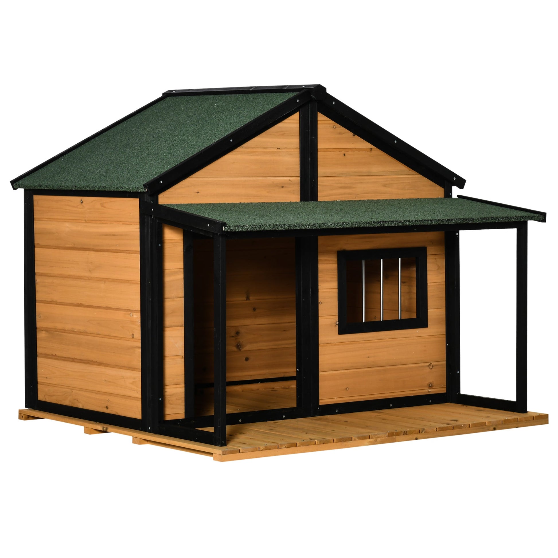 KFX-4875581 Wooden Raised Dog House with Porch, Asphalt Roof, Front Door & Side Window for Medium to Large Dogs