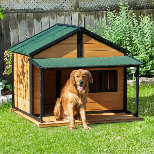 KFX-4875581 Wooden Raised Dog House with Porch, Asphalt Roof, Front Door & Side Window for Medium to Large Dogs