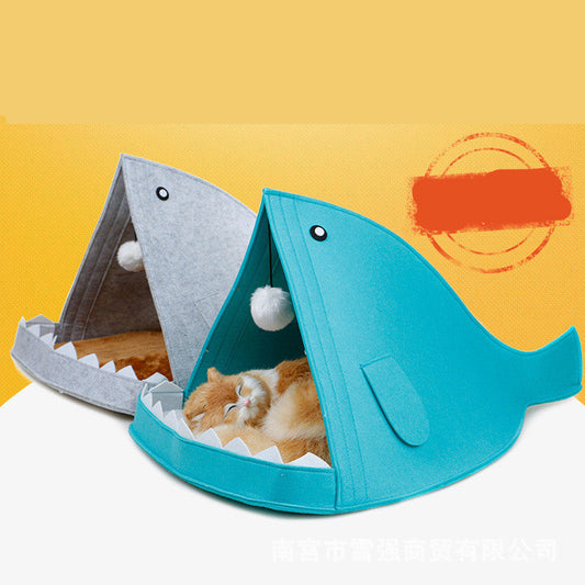 KFX-4875965 Shark-Shaped Felt Pet Nest for Cats - Cozy Litter for Pets Up to 8 lbs - Blue and Gray Color