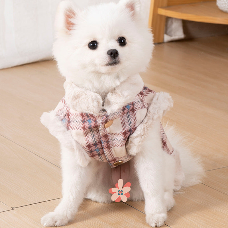 KFX-4876477 Thermal Velvet Rabbit Fur Plaid Coat for Pets - Autumn & Winter Styles in Pink and Blue