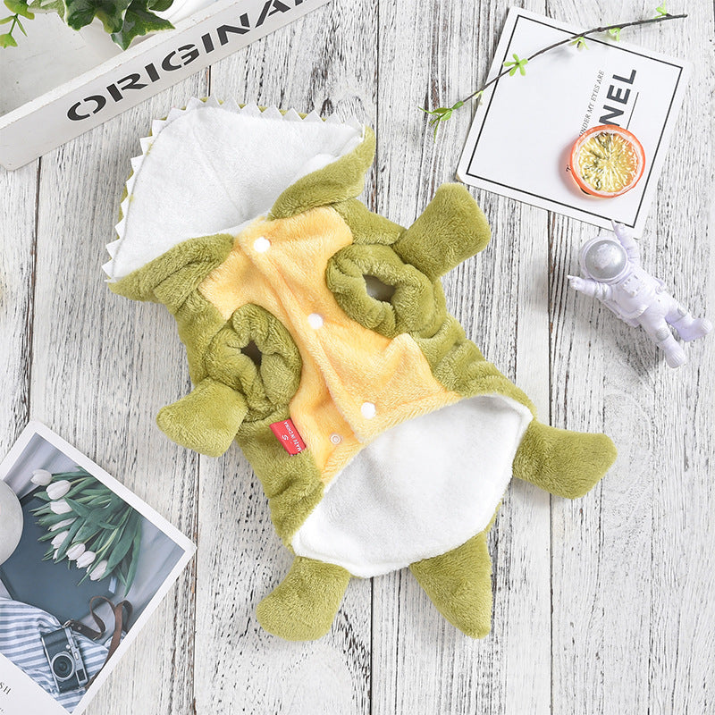 KFX-4877501 Dinosaur Design Coral Fleece Pet Clothes for Autumn and Winter - Green, Sizes XS to 4L
