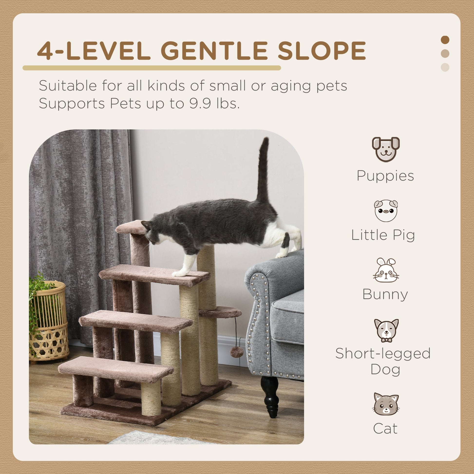 KFX-4880957 Four-Level Cat Steps with Scratching Posts for High Beds and Sofas, Brown