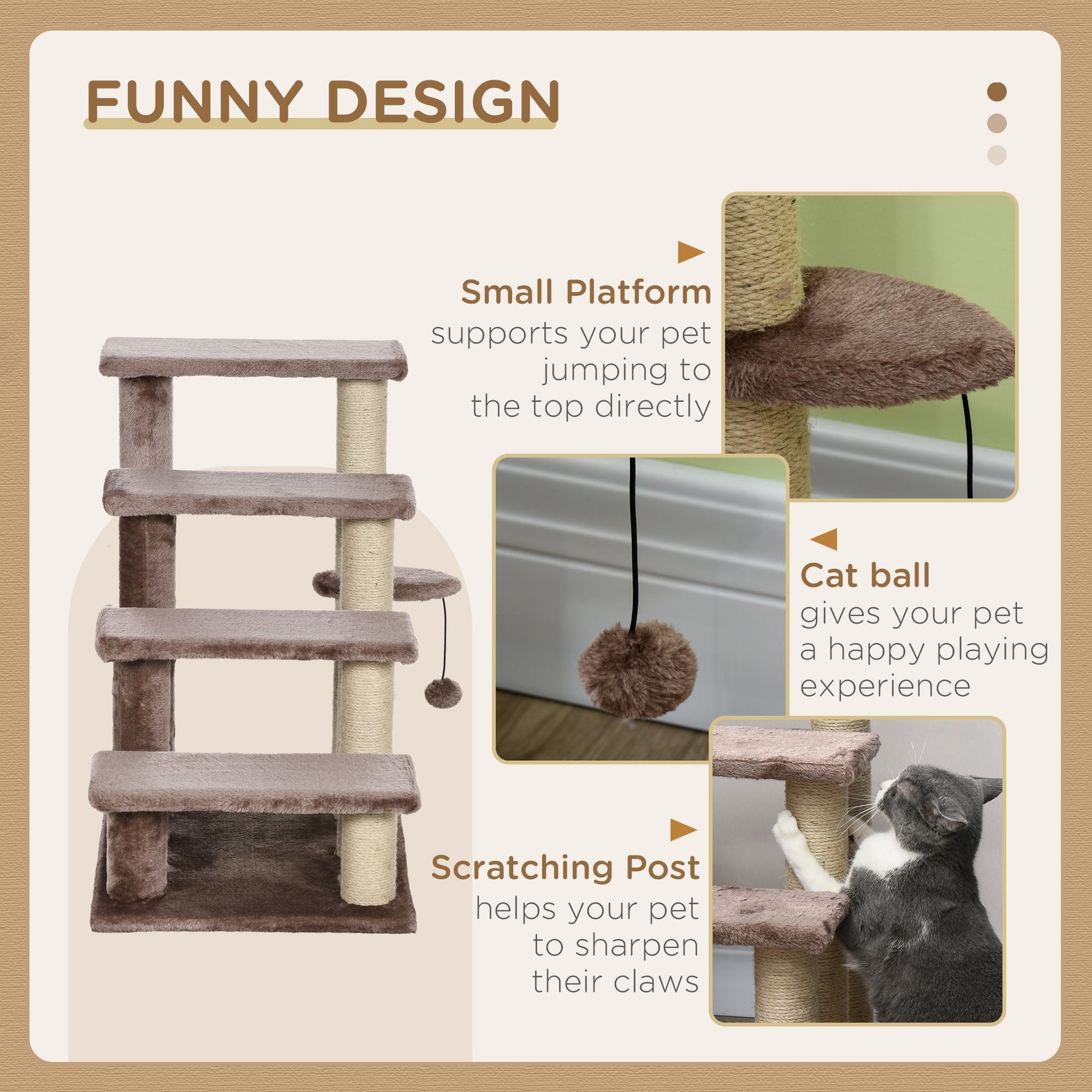 KFX-4880957 Four-Level Cat Steps with Scratching Posts for High Beds and Sofas, Brown