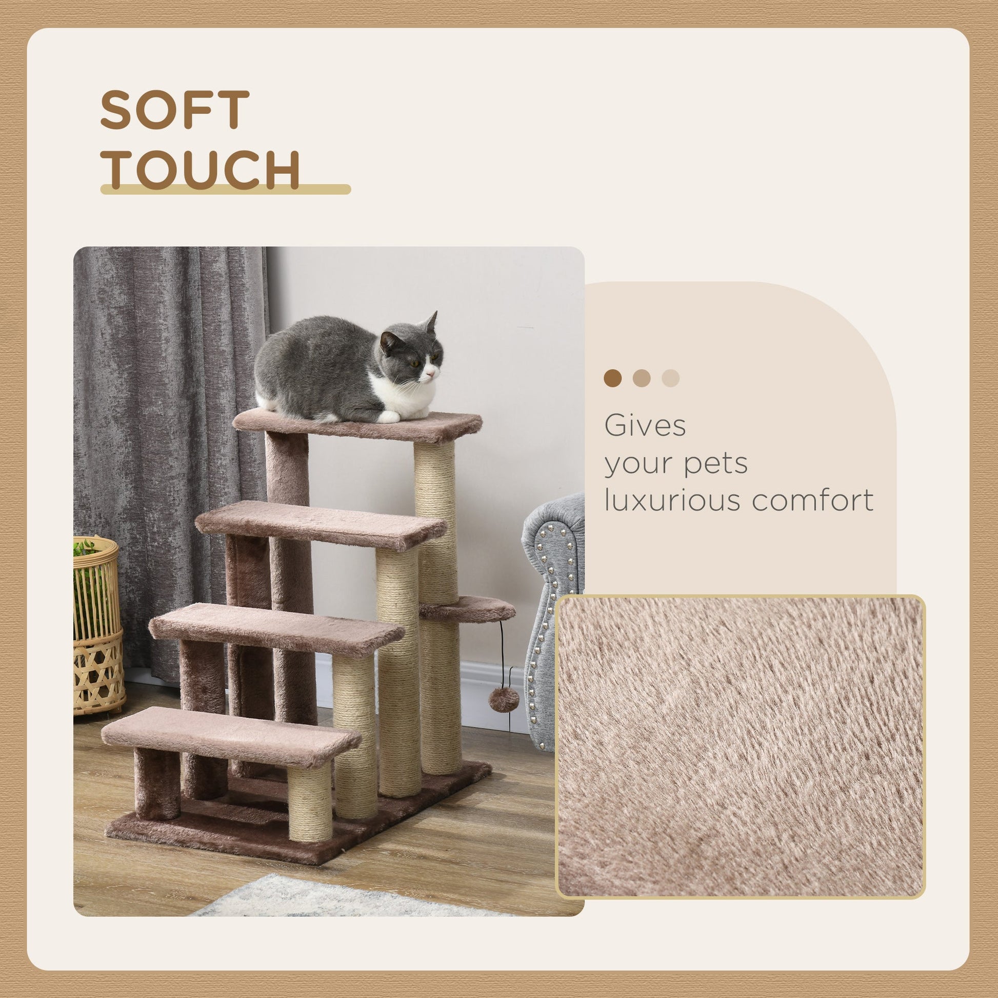 KFX-4880957 Four-Level Cat Steps with Scratching Posts for High Beds and Sofas, Brown