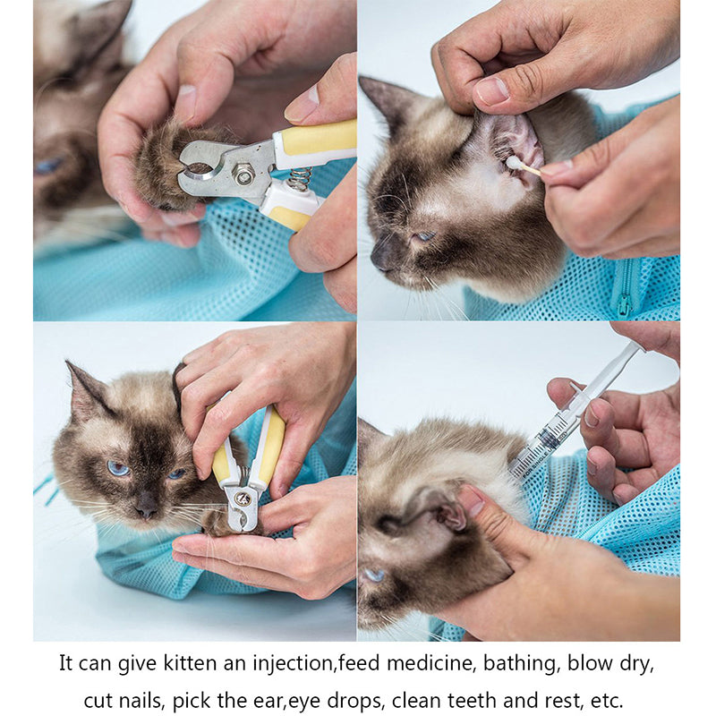 KFX-4885309 Adjustable Cat Grooming Bag for Bathing, Nail Trimming, and Care - Breathable Polyester Mesh Design