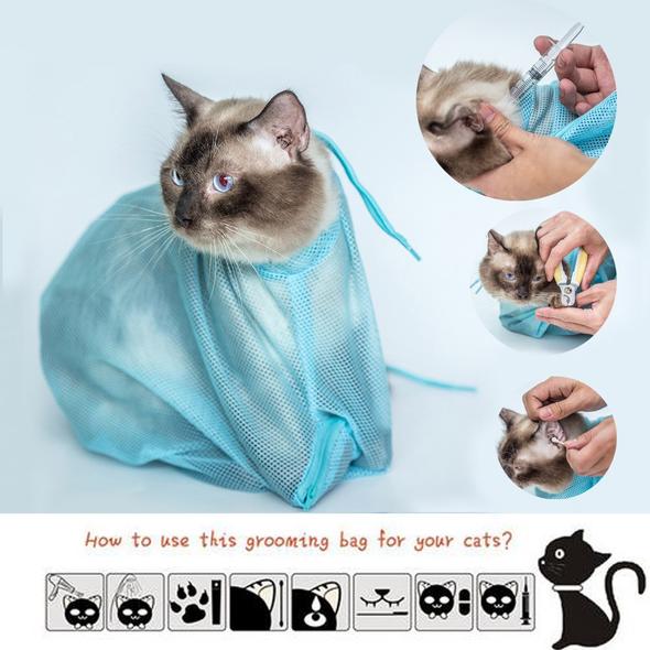 KFX-4885309 Adjustable Cat Grooming Bag for Bathing, Nail Trimming, and Care - Breathable Polyester Mesh Design
