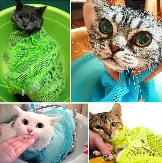 KFX-4885309 Adjustable Cat Grooming Bag for Bathing, Nail Trimming, and Care - Breathable Polyester Mesh Design
