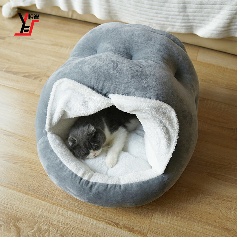 KFX-4893245 Plush Semi-Closed Velvet Cat Kennel with Door Curtain for Cozy Comfort