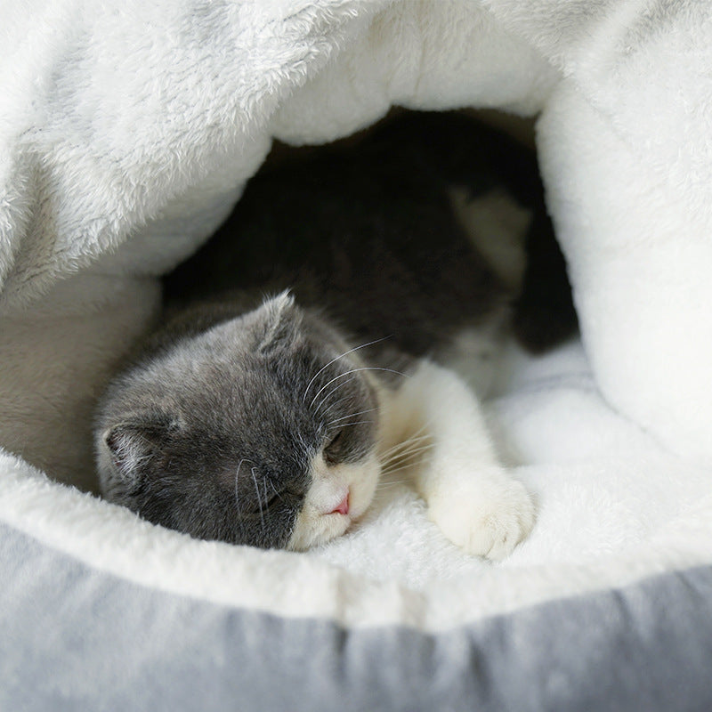 KFX-4893245 Plush Semi-Closed Velvet Cat Kennel with Door Curtain for Cozy Comfort