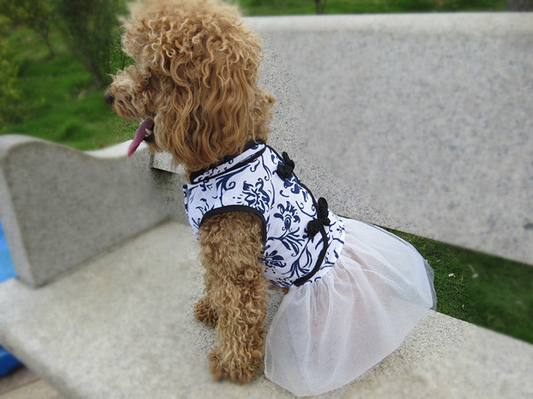 KFX-4893757 Cotton and Linen Blue and White Porcelain Cheongsam Skirt for Dogs