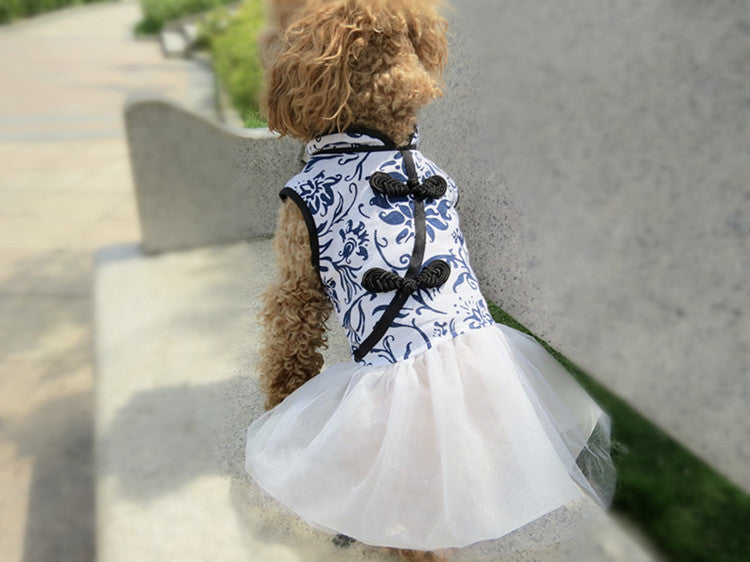 KFX-4893757 Cotton and Linen Blue and White Porcelain Cheongsam Skirt for Dogs