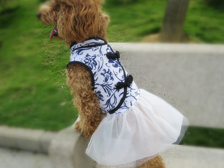 KFX-4893757 Cotton and Linen Blue and White Porcelain Cheongsam Skirt for Dogs