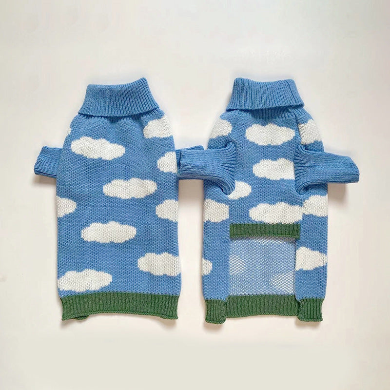 KFX-4896957 Jacquard Knitted Sweater for Dogs - Sky Blue with Cloud Design