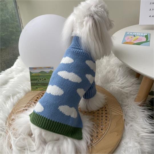 KFX-4896957 Jacquard Knitted Sweater for Dogs - Sky Blue with Cloud Design