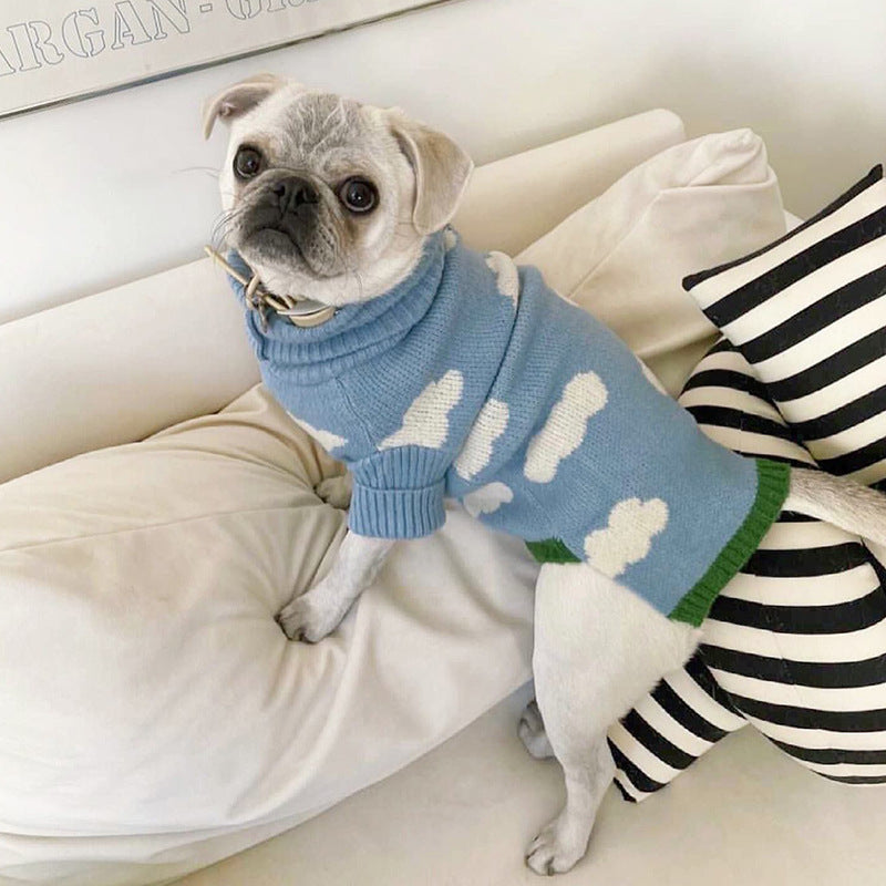 KFX-4896957 Jacquard Knitted Sweater for Dogs - Sky Blue with Cloud Design