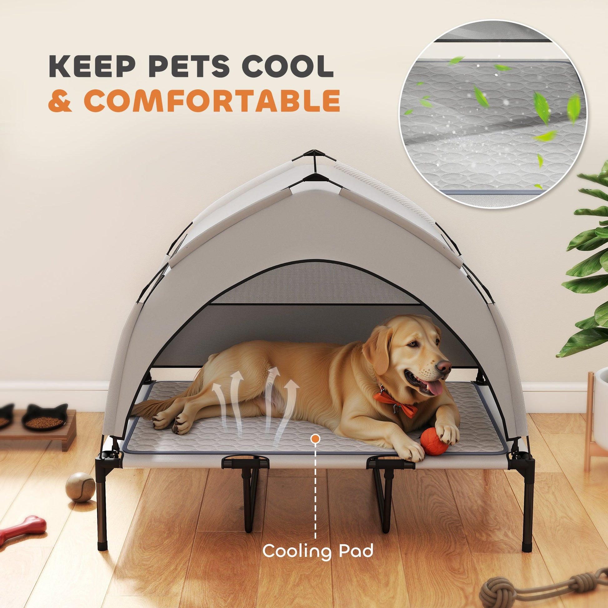 KFX-4897597 Elevated Dog Bed with Removable Canopy and Cooling Pad, Portable Outdoor Pet Cot, Ideal for Large Dogs