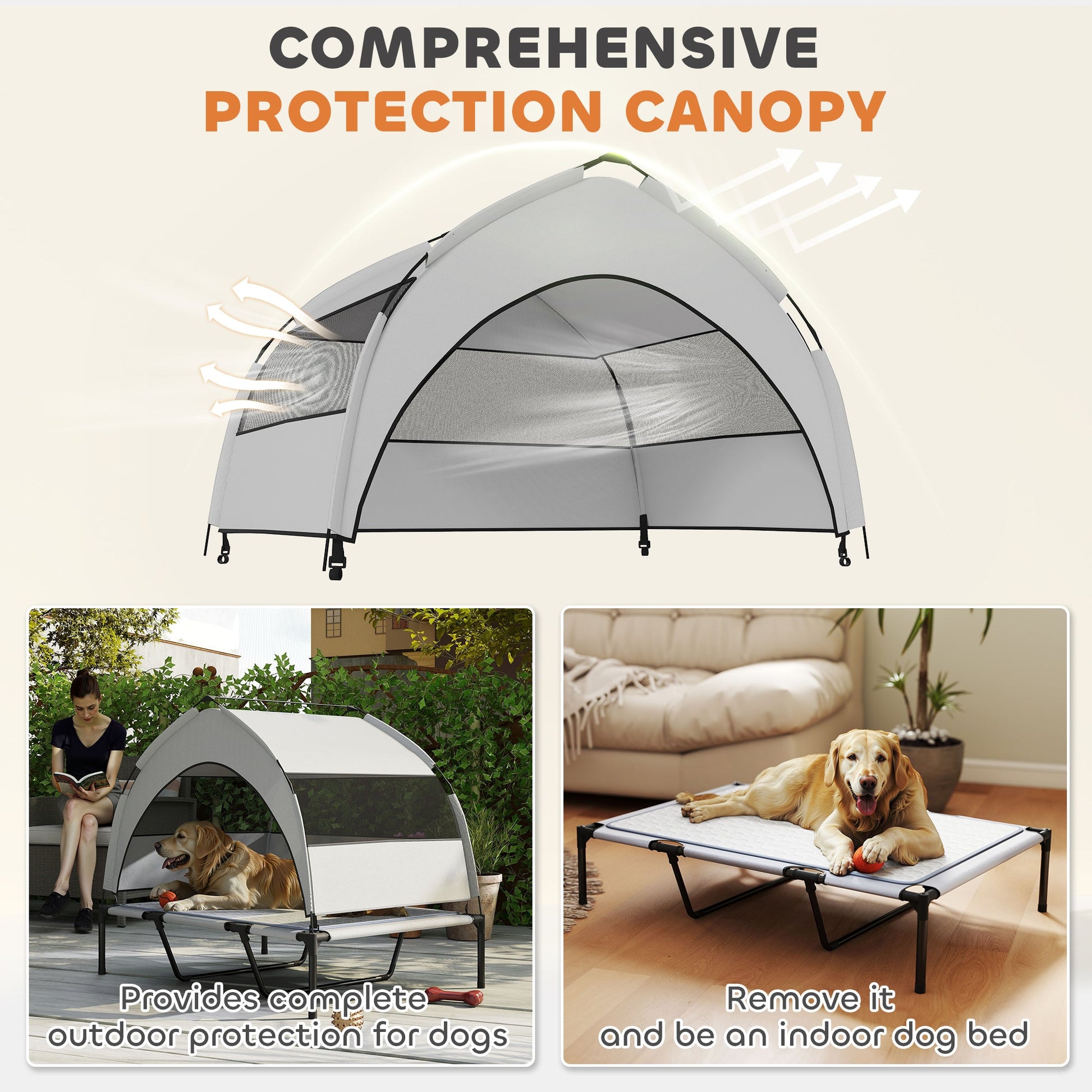 KFX-4897597 Elevated Dog Bed with Removable Canopy and Cooling Pad, Portable Outdoor Pet Cot, Ideal for Large Dogs