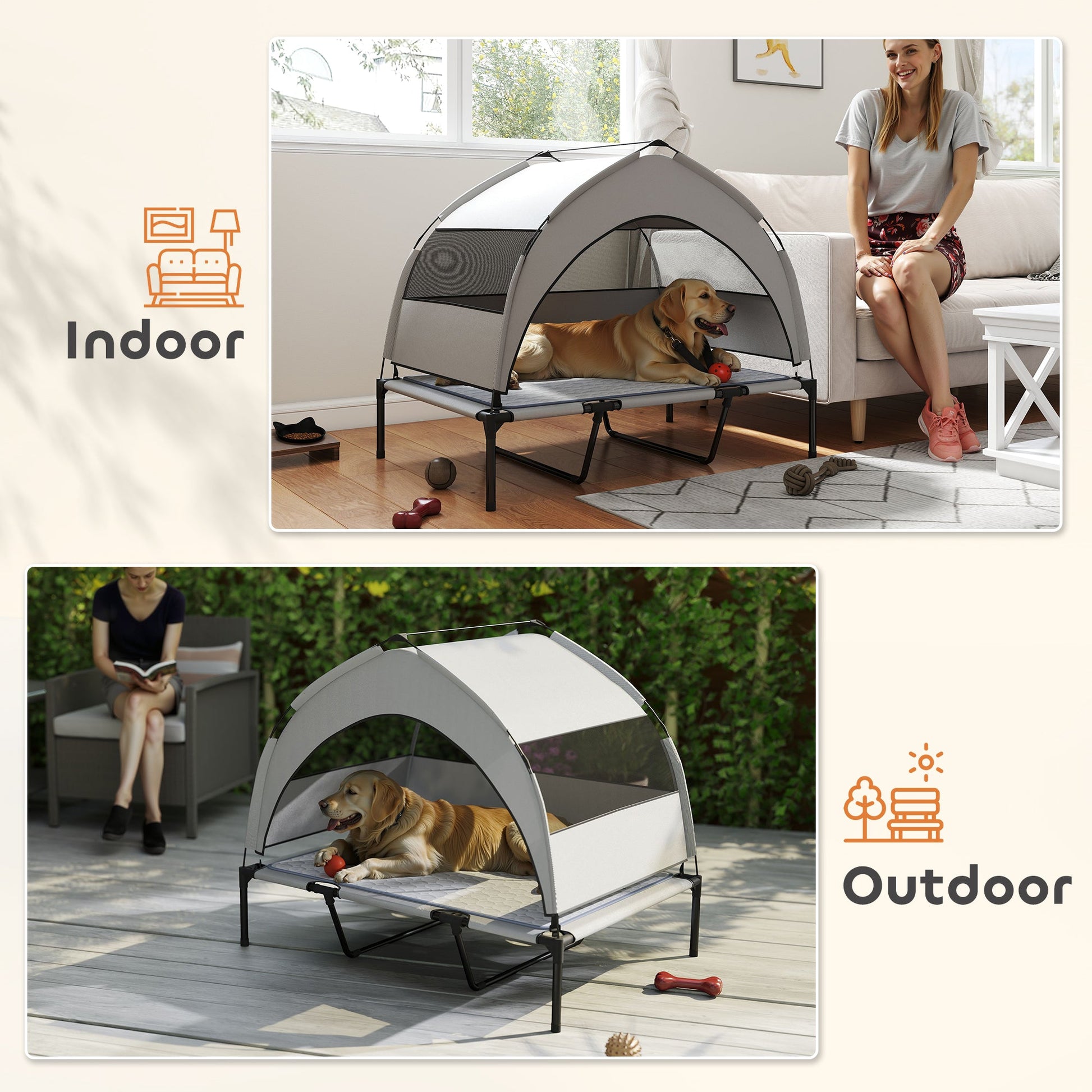 KFX-4897597 Elevated Dog Bed with Removable Canopy and Cooling Pad, Portable Outdoor Pet Cot, Ideal for Large Dogs