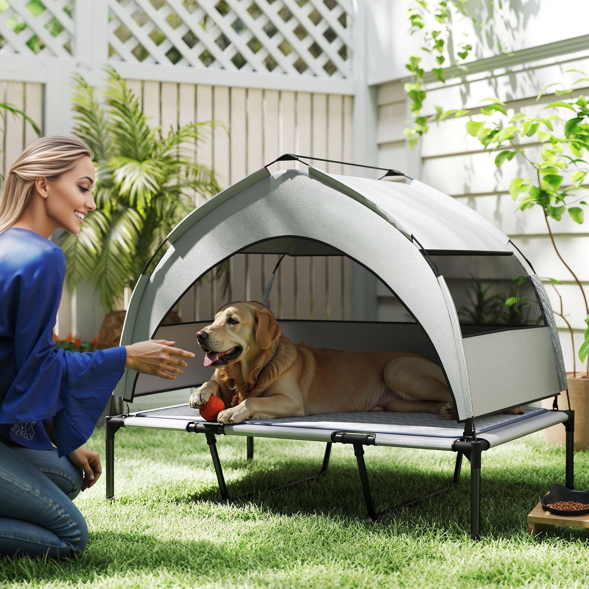 KFX-4897597 Elevated Dog Bed with Removable Canopy and Cooling Pad, Portable Outdoor Pet Cot, Ideal for Large Dogs