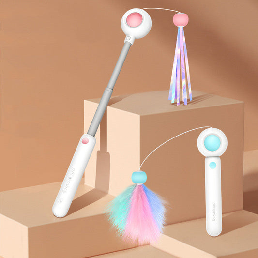 KFX-4899773 Retractable 2-in-1 Cat Wand with Laser Teaser and Feather Toys for Interactive Play