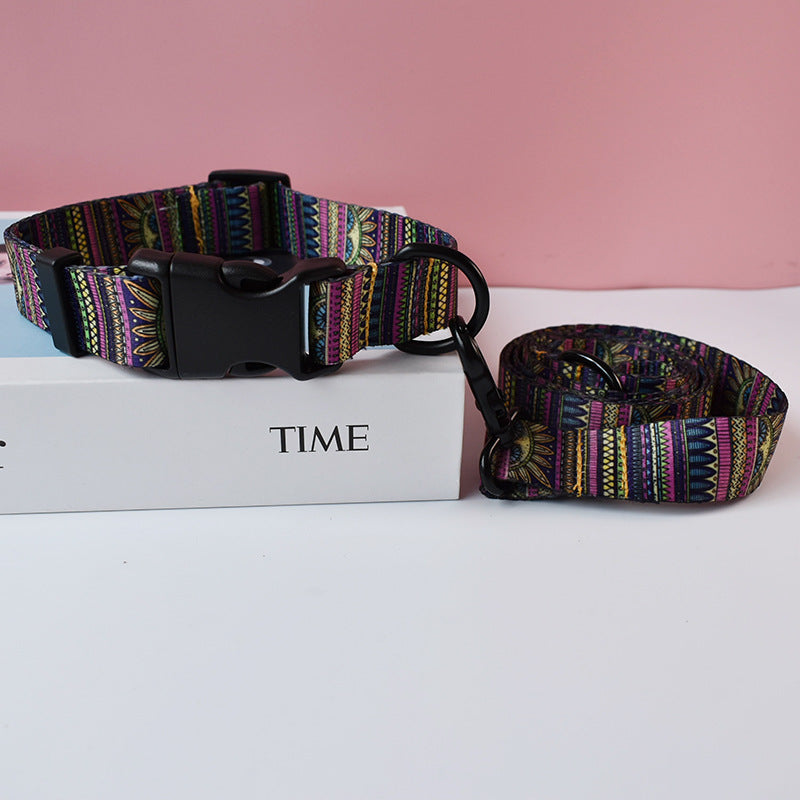 KFX-4900925 Ethnic Style Nylon Pet Collar and Leash Set for Outdoor Dog Walking