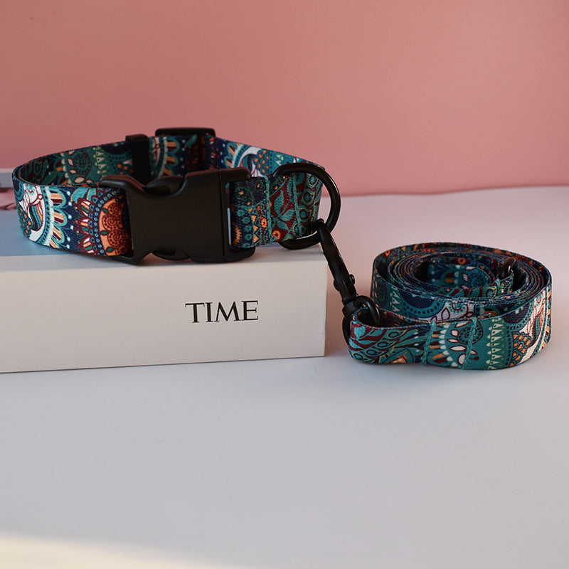 KFX-4900925 Ethnic Style Nylon Pet Collar and Leash Set for Outdoor Dog Walking