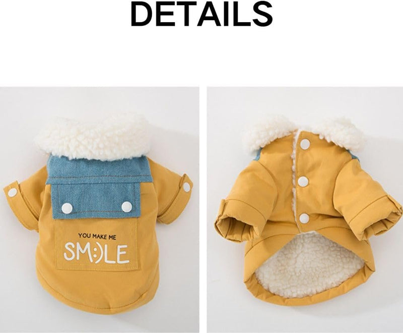 KFX-4903485 Yellow Denim Patchwork Dog Coat with Sherpa Fleece Lining for Small and Medium Breeds