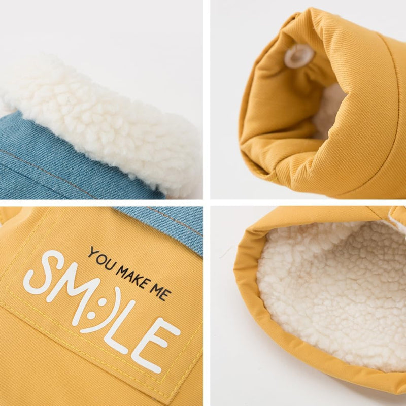 KFX-4903485 Yellow Denim Patchwork Dog Coat with Sherpa Fleece Lining for Small and Medium Breeds