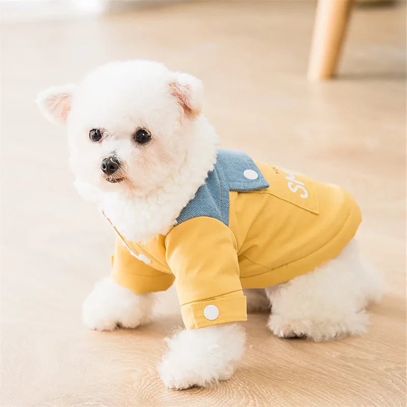 KFX-4903485 Yellow Denim Patchwork Dog Coat with Sherpa Fleece Lining for Small and Medium Breeds