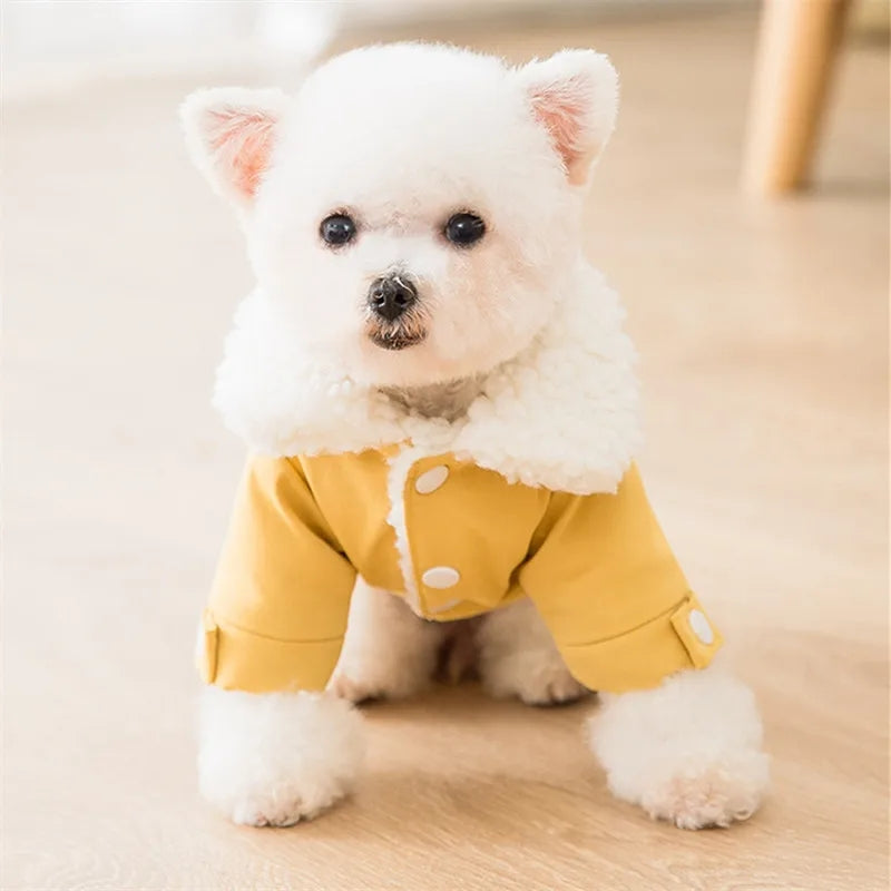 KFX-4903485 Yellow Denim Patchwork Dog Coat with Sherpa Fleece Lining for Small and Medium Breeds