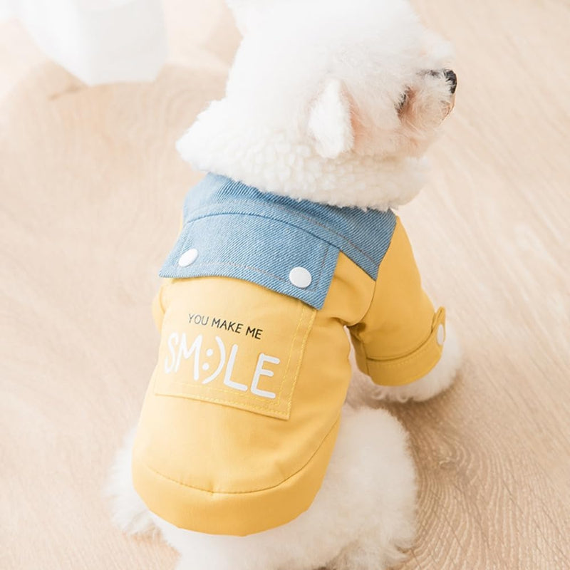 KFX-4903485 Yellow Denim Patchwork Dog Coat with Sherpa Fleece Lining for Small and Medium Breeds