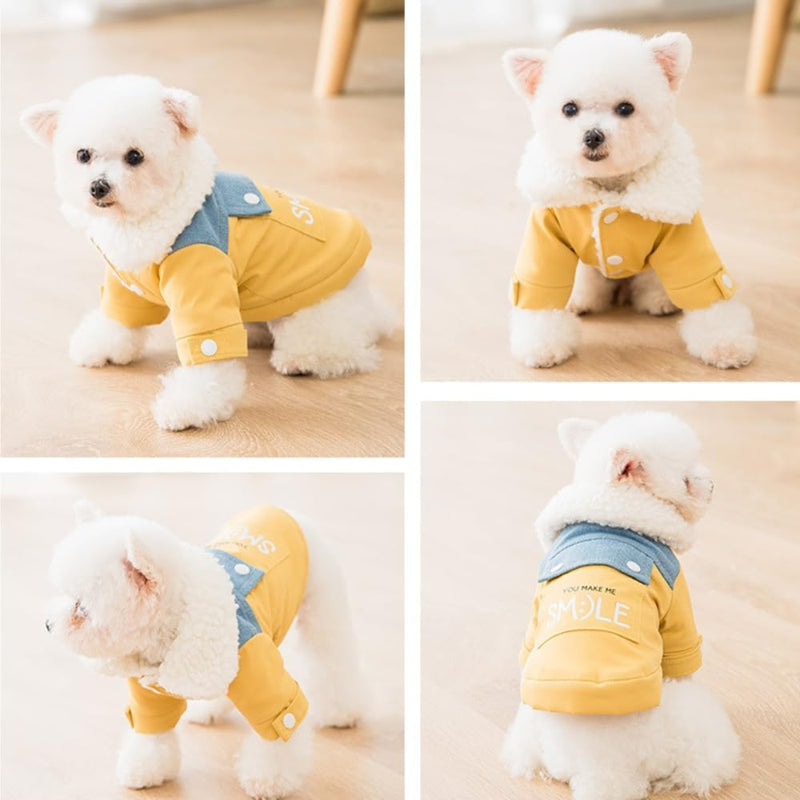KFX-4903485 Yellow Denim Patchwork Dog Coat with Sherpa Fleece Lining for Small and Medium Breeds