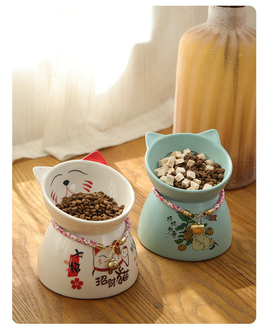 KFX-4904893 Anti-Tipping Ceramic Cat Food & Water Bowl - Mint Green, Peach Powder, White