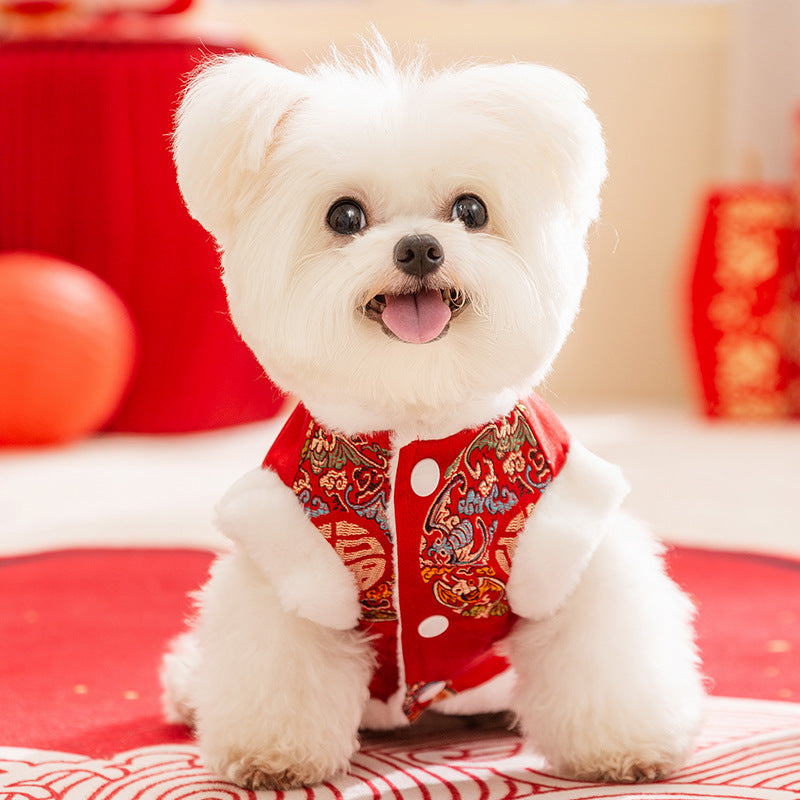 KFX-4909245 Lunar New Year Red Brocade Pet Vest with Faux Fur Trim and Embroidery