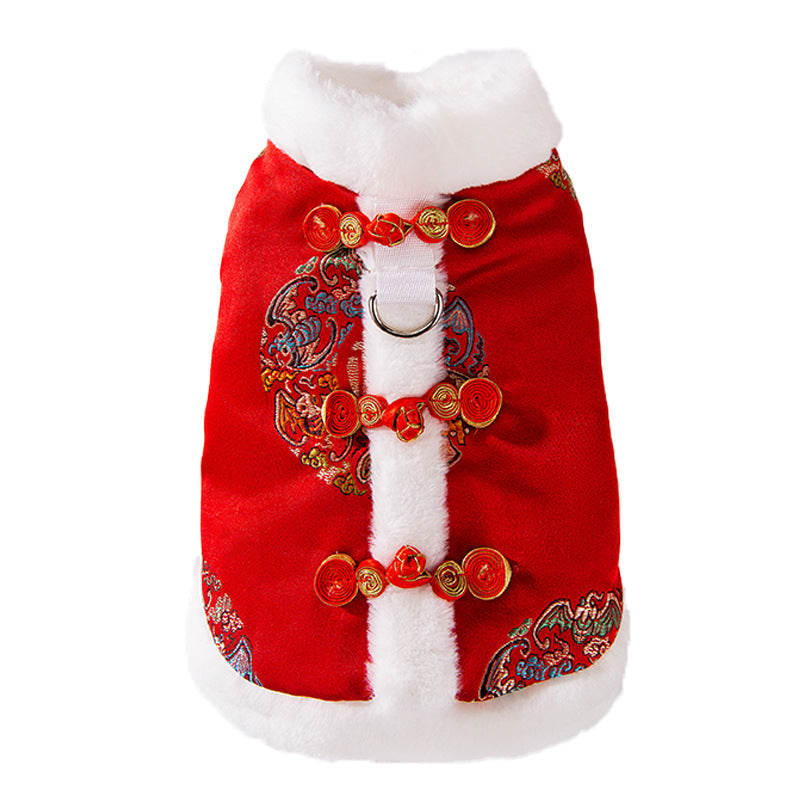 KFX-4909245 Lunar New Year Red Brocade Pet Vest with Faux Fur Trim and Embroidery