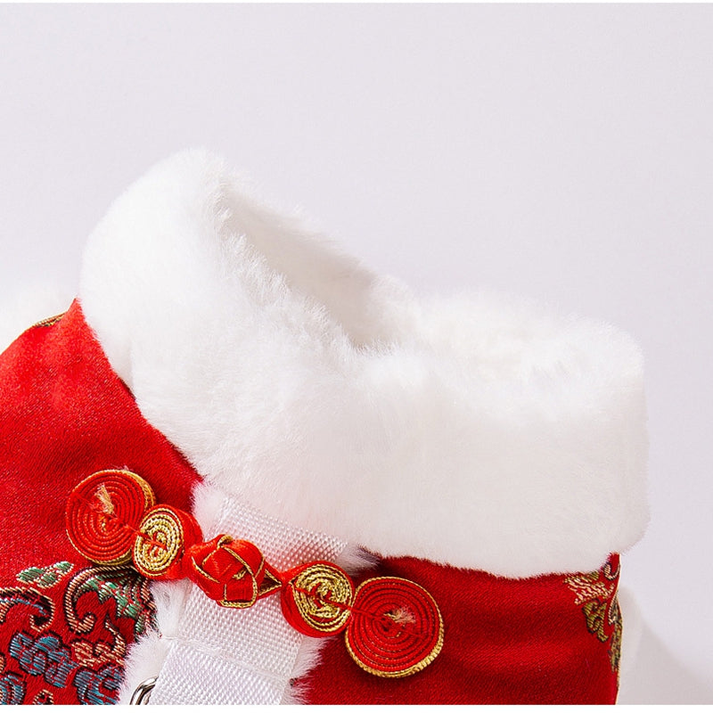 KFX-4909245 Lunar New Year Red Brocade Pet Vest with Faux Fur Trim and Embroidery