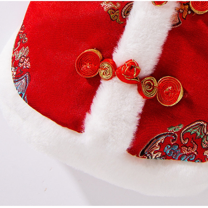 KFX-4909245 Lunar New Year Red Brocade Pet Vest with Faux Fur Trim and Embroidery