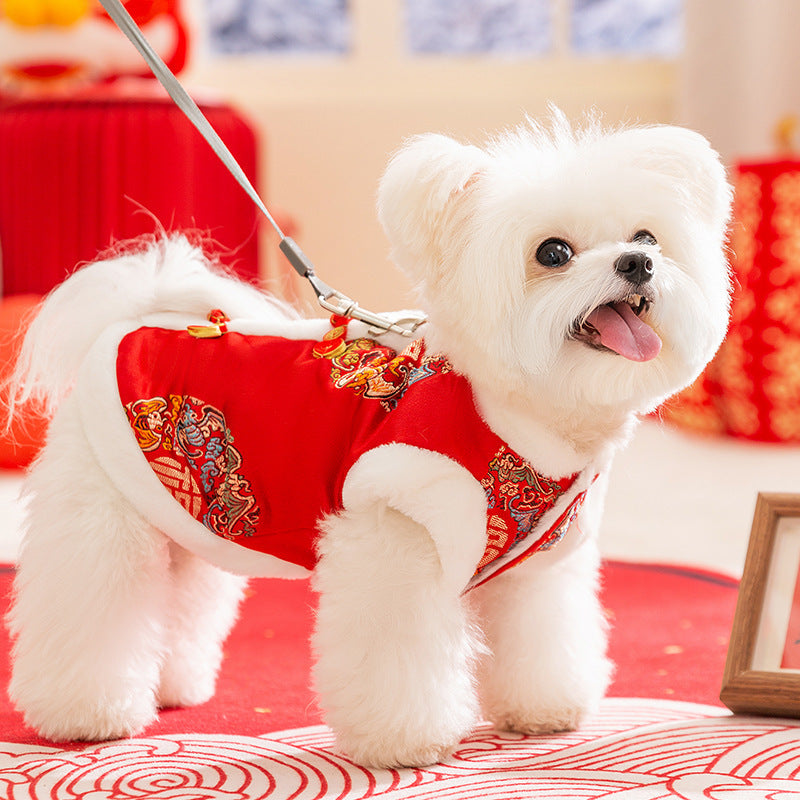 KFX-4909245 Lunar New Year Red Brocade Pet Vest with Faux Fur Trim and Embroidery