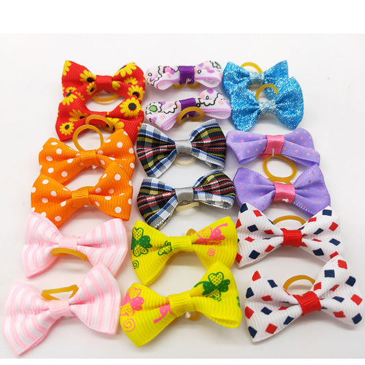 KFX-4909501 Mixed Color Butterfly Bow Bands for Dogs - Decorative Cloth Accessories with Acrylic Diamonds & Pearls, 50PCS Set