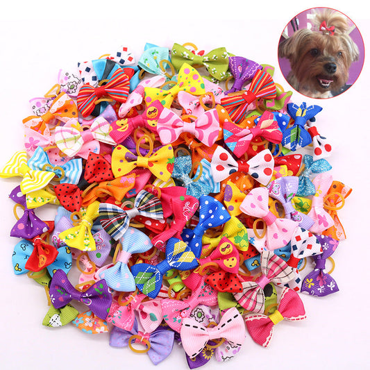 KFX-4909501 Mixed Color Butterfly Bow Bands for Dogs - Decorative Cloth Accessories with Acrylic Diamonds & Pearls, 50PCS Set
