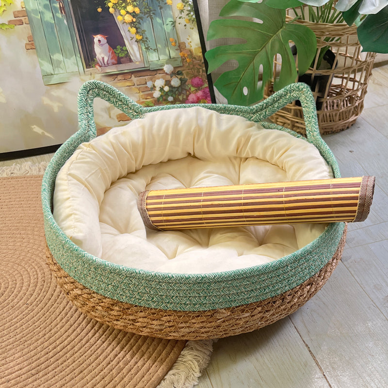 KFX-4910653 Universal Rattan Cat Nest in Green and Pink - Grass & Rattan Bamboo Design for Small to Large Cats